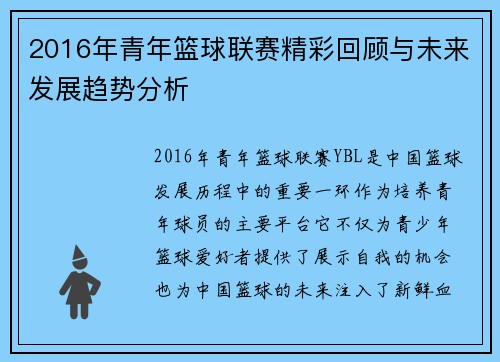 2016年青年篮球联赛精彩回顾与未来发展趋势分析